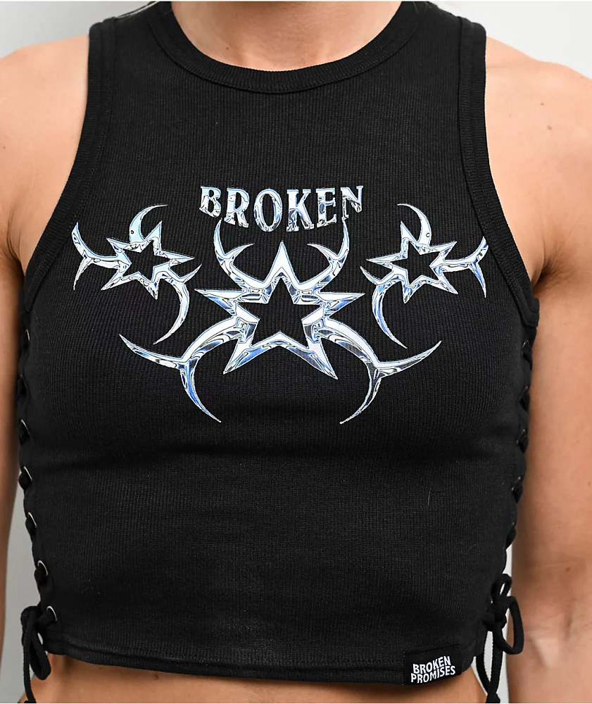 Broken Promises Chromium Black Lace Up Crop Tank Top