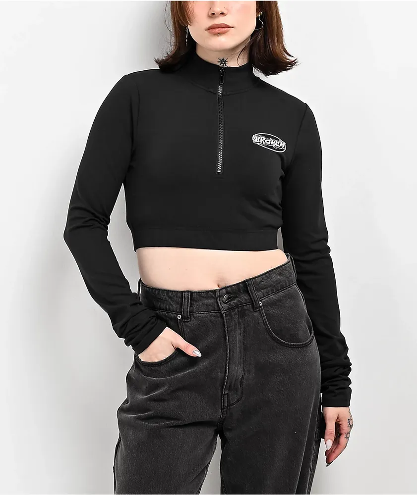 Broken Promises Chuck Black Half Zip Crop Top