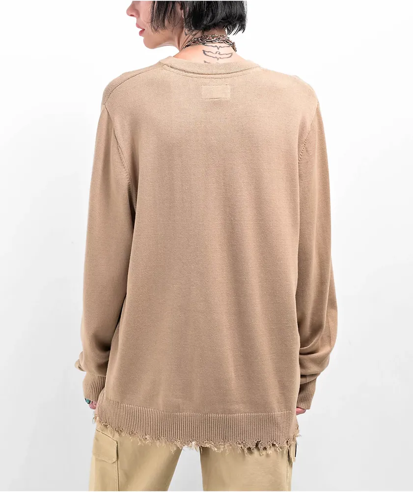 Broken Promises Embrace Distressed Brown Sweater