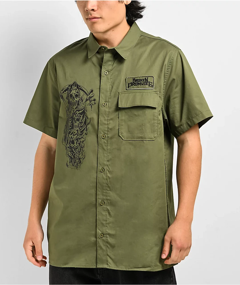 Broken Promises Grim Love Green Short Sleeve Button Up Shirt