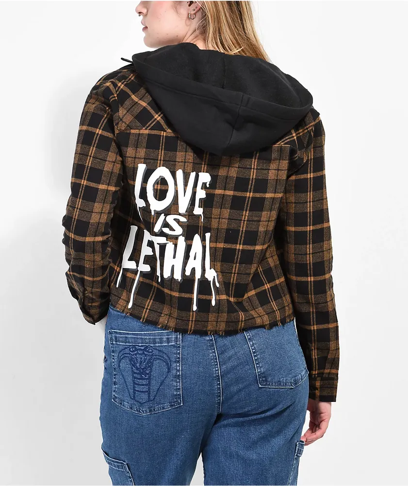 Broken Promises Love Is Lethal Brown Hooded Flannel Jacket