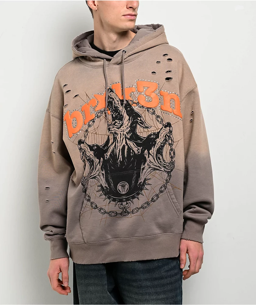 Broken Promises Moon Howler Brown Wash Hoodie