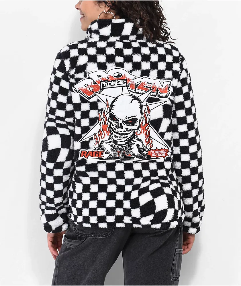 Broken Promises On My Own Black & White Checkered Sherpa Fleece Jacket