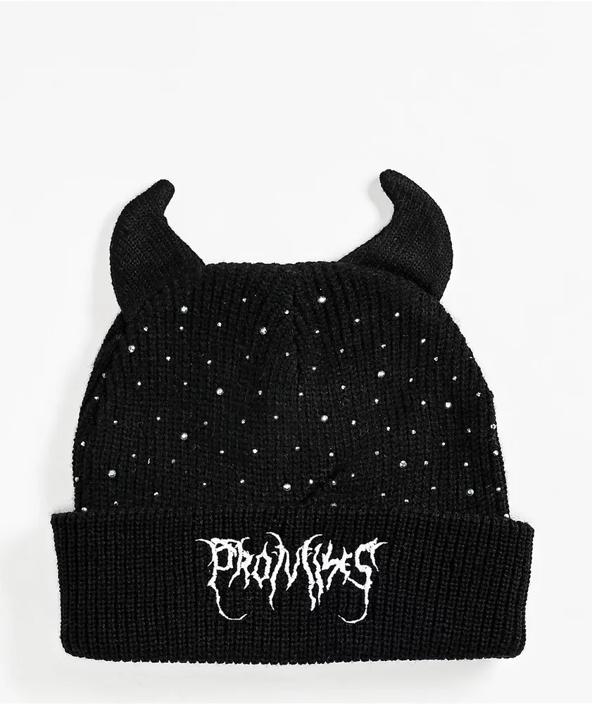 Broken Promises Rhinestone Horn Black Beanie