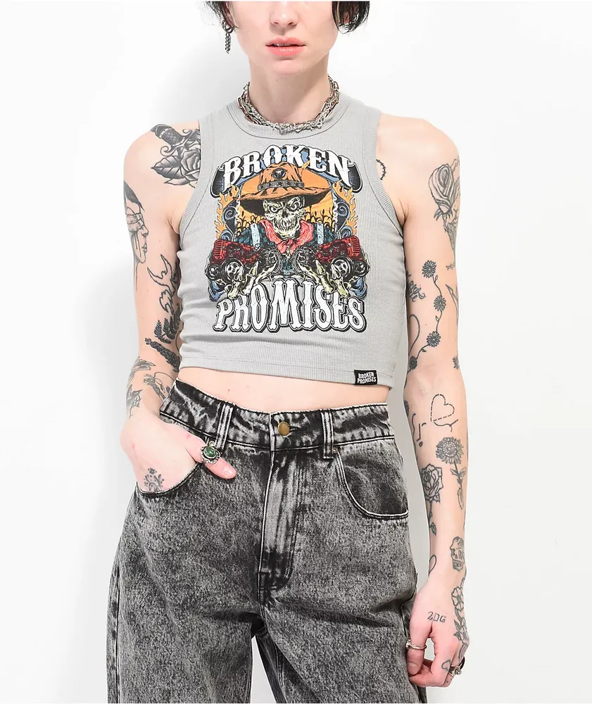 Broken Promises Scarecrow Gray Ribbed Crop Tank Top