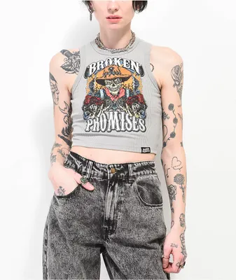 Broken Promises Scarecrow Gray Ribbed Crop Tank Top