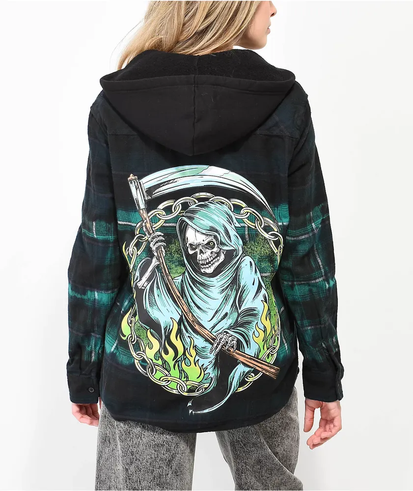 Broken Promises Thomas Overdyed Green Hooded Flannel Shirt