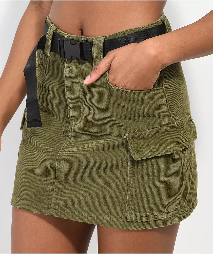 Cali 1850 Olive Corduroy Belted Mini Skirt