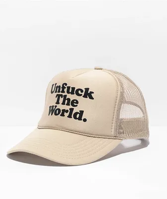 Can't Blame The Youth Unfuck The World Tan Trucker Hat