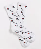 Champion All Over Print Script White Crew Socks