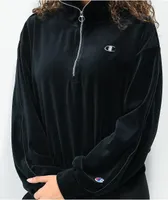 Champion Small C Satin Black Velour Quarter Zip Sweatshirt