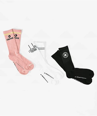 Converse All Star Black White & Pink 3 Pack Crew Socks 