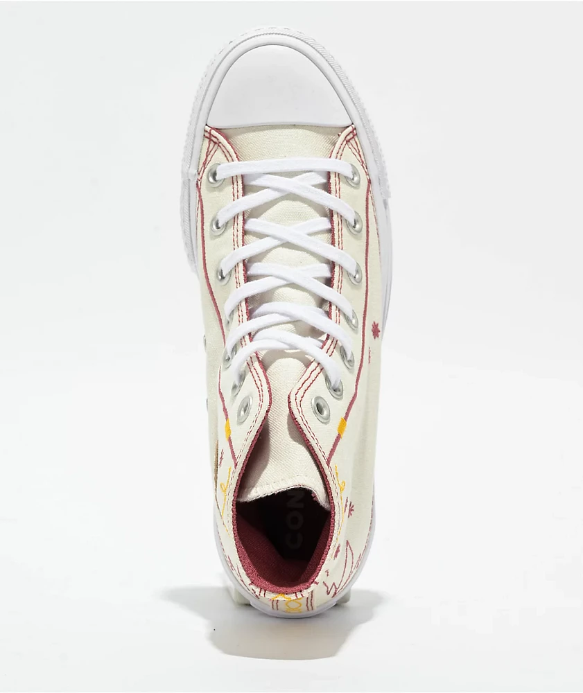 Converse Chuck Taylor All Star Lift Western Embroidered Egret, Astrodust, & Yellow High Top Platform Shoes