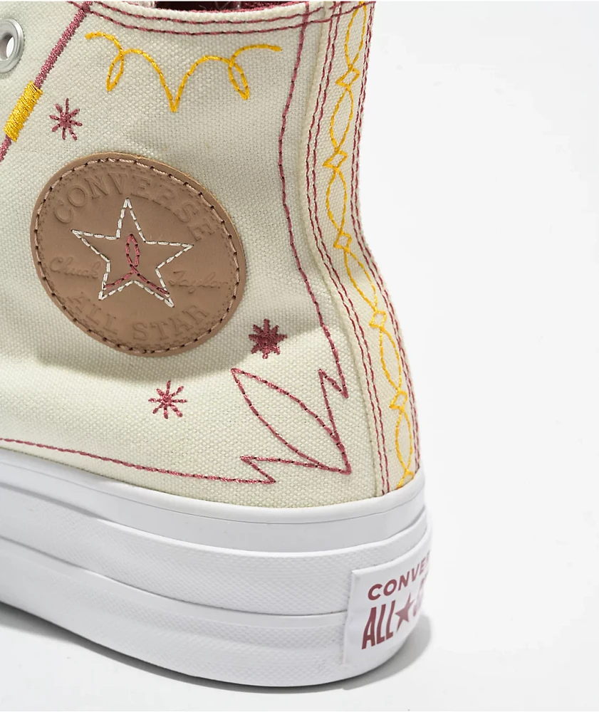 Converse Chuck Taylor All Star Lift Western Embroidered Egret, Astrodust, & Yellow High Top Platform Shoes