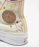 Converse Chuck Taylor All Star Lift Western Embroidered Egret, Astrodust, & Yellow High Top Platform Shoes