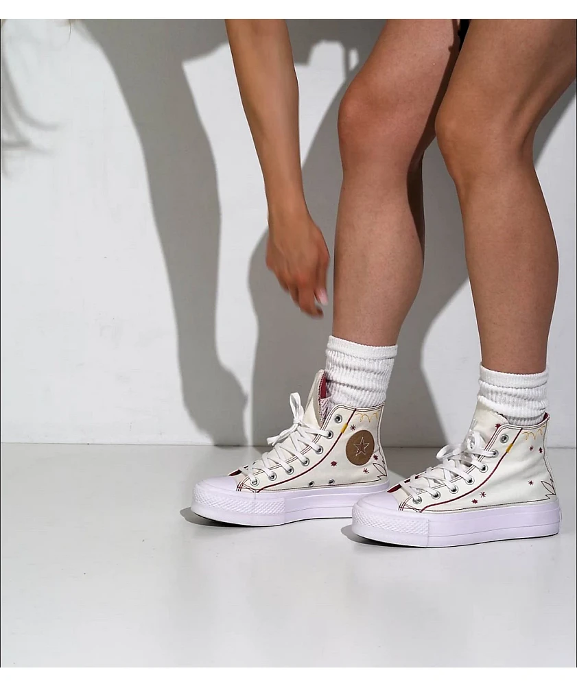 Converse Chuck Taylor All Star Lift Western Embroidered Egret, Astrodust, & Yellow High Top Platform Shoes