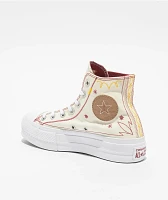 Converse Chuck Taylor All Star Lift Western Embroidered Egret, Astrodust, & Yellow High Top Platform Shoes