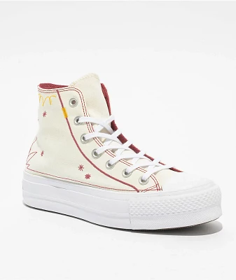 Converse Chuck Taylor All Star Lift Western Embroidered Egret, Astrodust, & Yellow High Top Platform Shoes