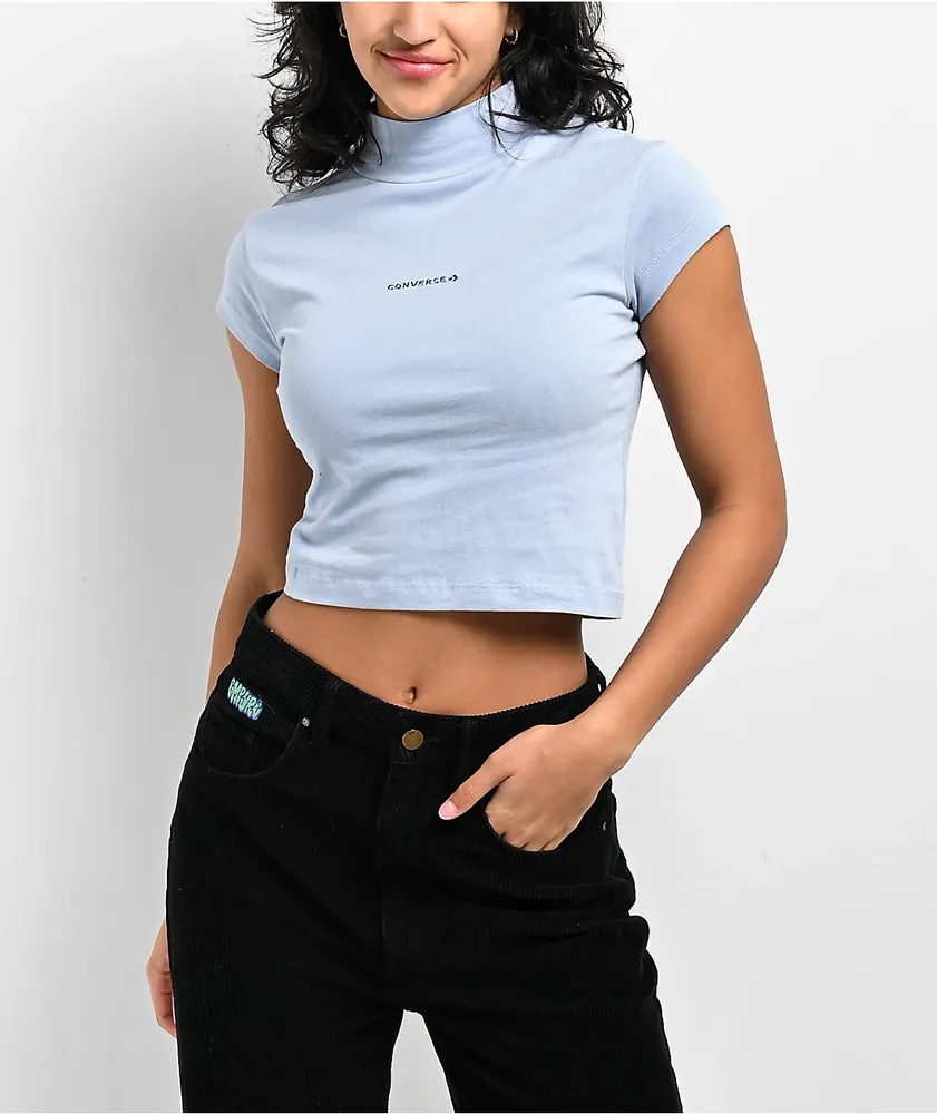 Converse Wordmark Blue Mock Neck Crop T-Shirt