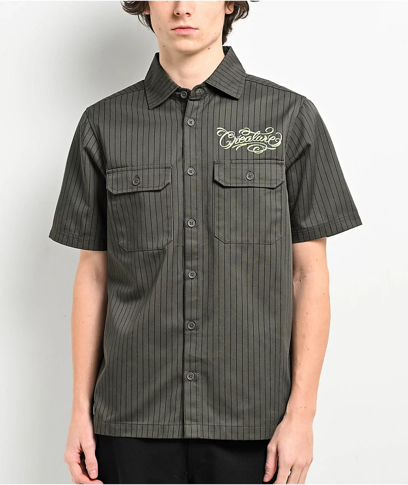 Creature Script Grey Short Sleeve Button Up Shirt