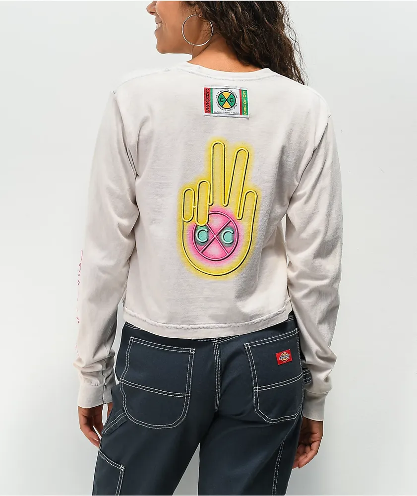 Cross Colours Neon Peace Logo Off-White Crop Long Sleeve T-Shirt