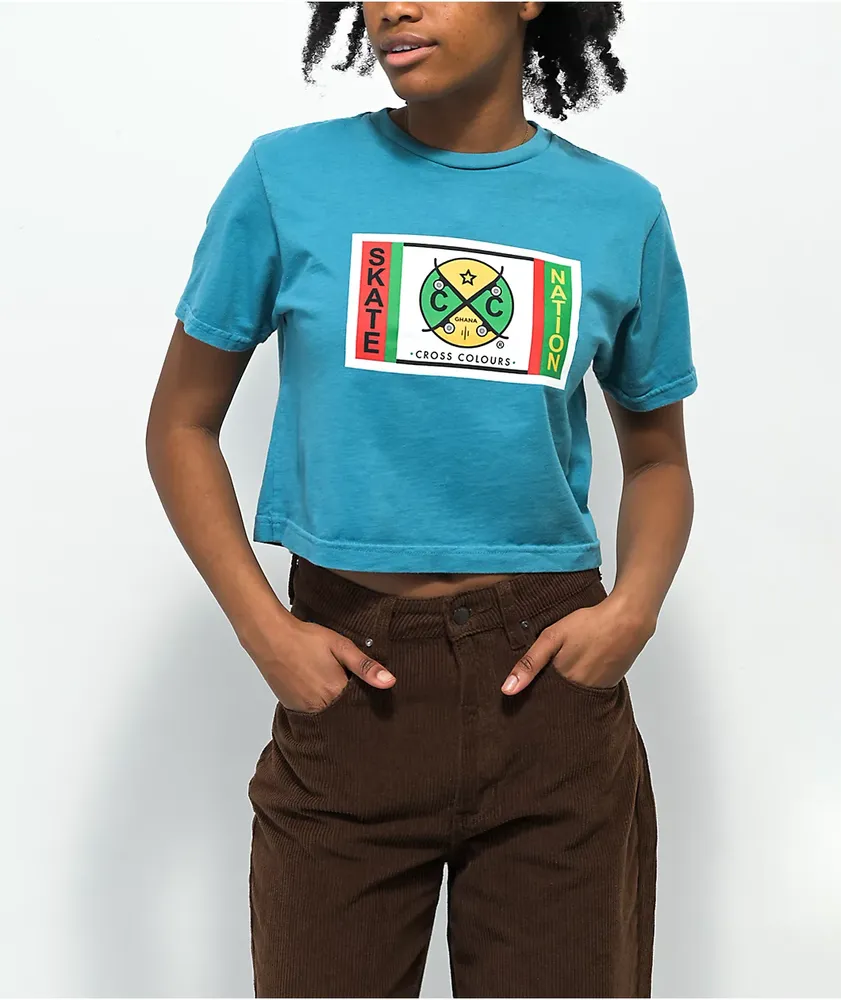 Cross Colours x Skate Nation Ghana Label Teal Crop T-Shirt