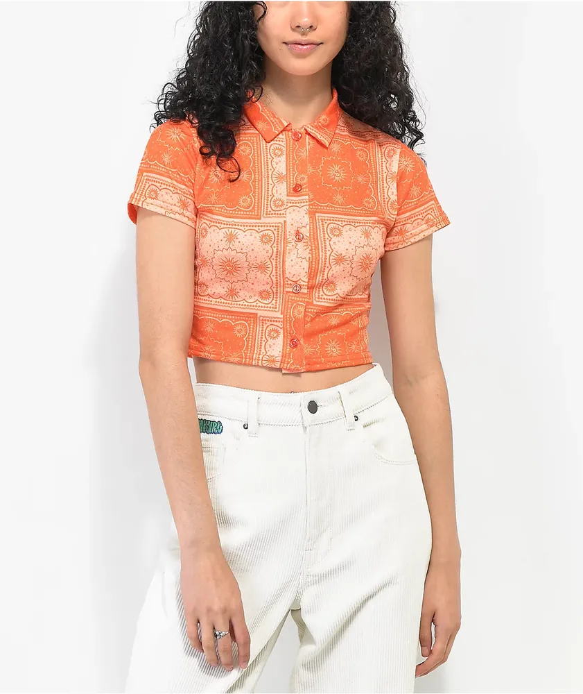 Daisy Street Bandana Orange Short Sleeve Crop Button Up Shirt