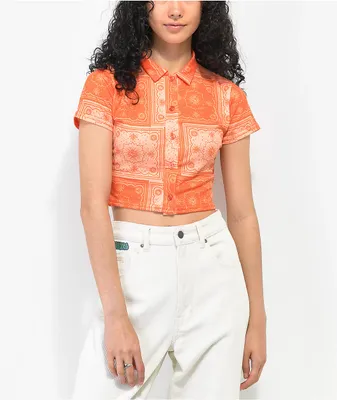 Daisy Street Bandana Orange Short Sleeve Crop Button Up Shirt
