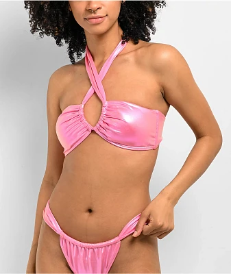 Damsel Kenni Pink Chrome Metallic Halter Bikini Top
