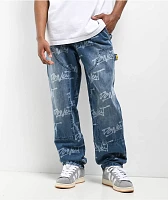 Donut Logo Double Knee Blue Wash Jeans