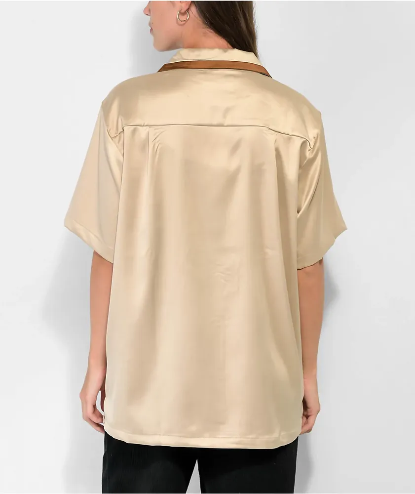 EPTM Villa Tan Satin Short Sleeve Button-Up Shirt