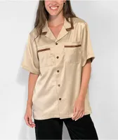 EPTM Villa Tan Satin Short Sleeve Button-Up Shirt