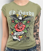 Ed Hardy Anchor Rose Olive T-Shirt