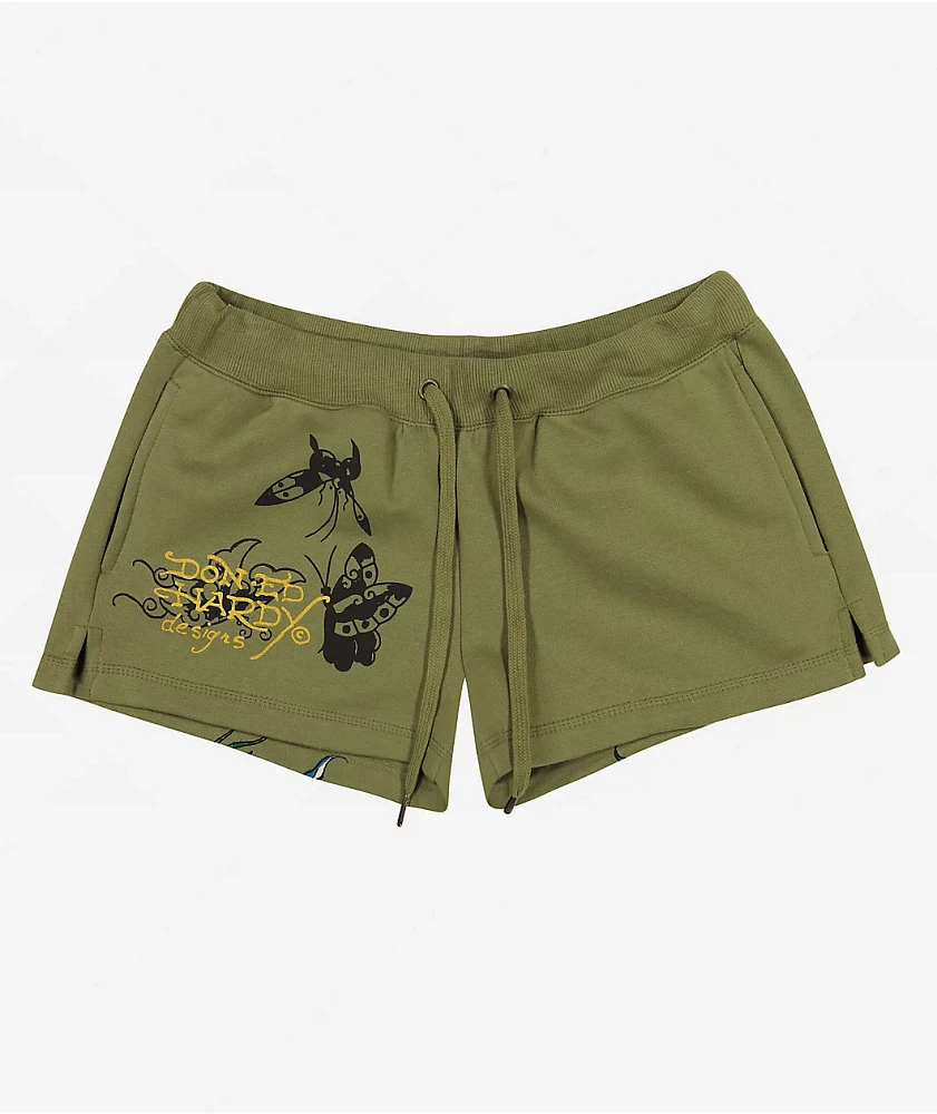 Ed Hardy Butterflies Olive Fleece Sweat Shorts