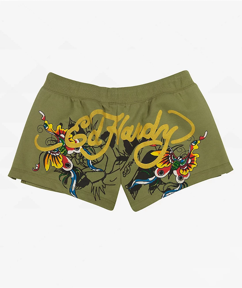 Ed Hardy Butterflies Olive Fleece Sweat Shorts