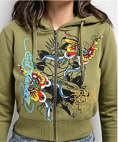 Ed Hardy Butterflies Y2K Olive Crop Zip Hoodie