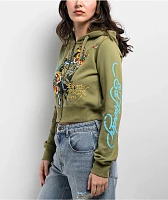 Ed Hardy Butterflies Y2K Olive Crop Zip Hoodie