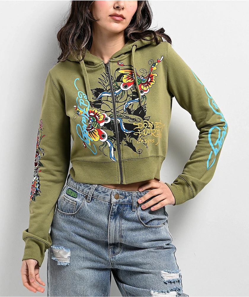 Ed Hardy Butterflies Y2K Olive Crop Zip Hoodie