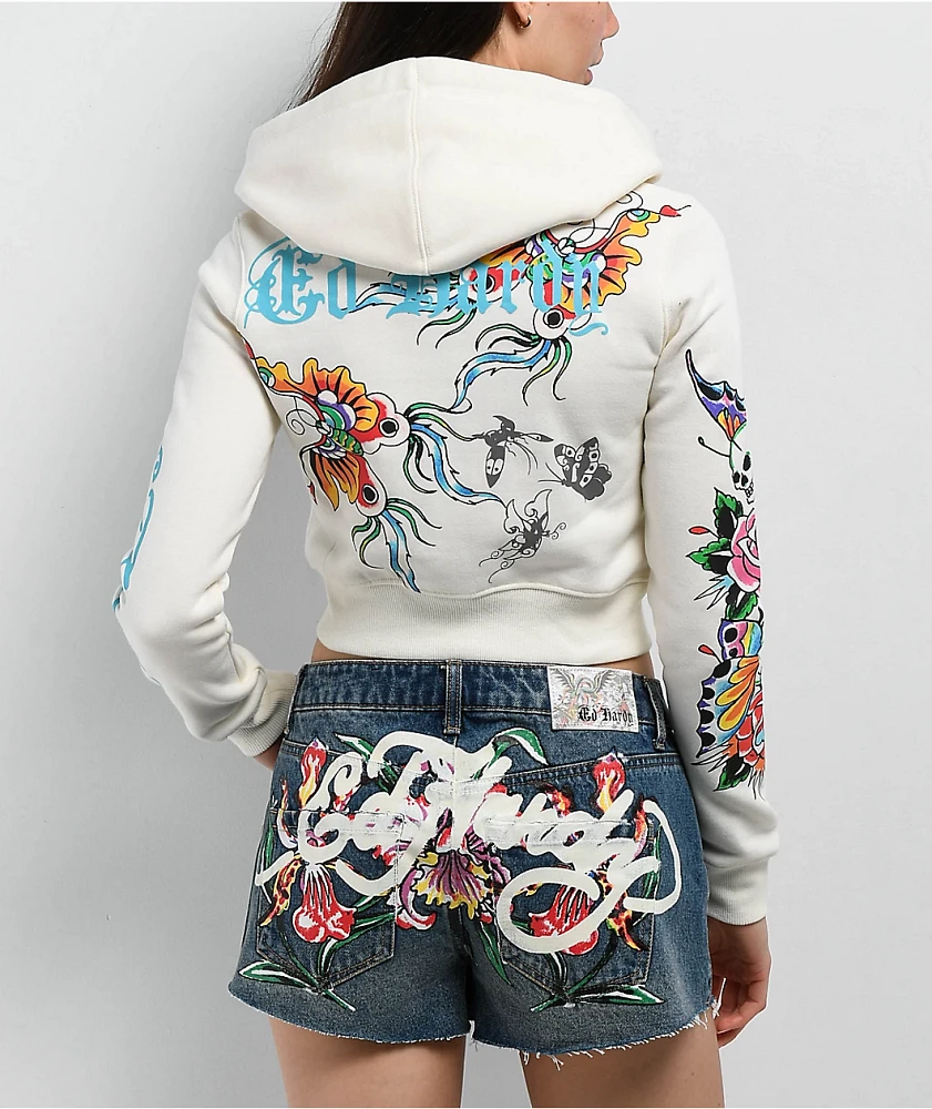 Ed Hardy Butterfly Ivory Crop Zip Hoodie