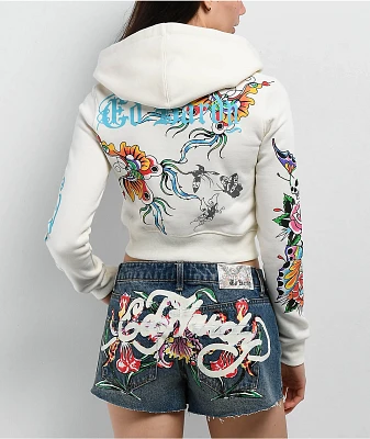 Ed Hardy Butterfly Ivory Crop Zip Hoodie