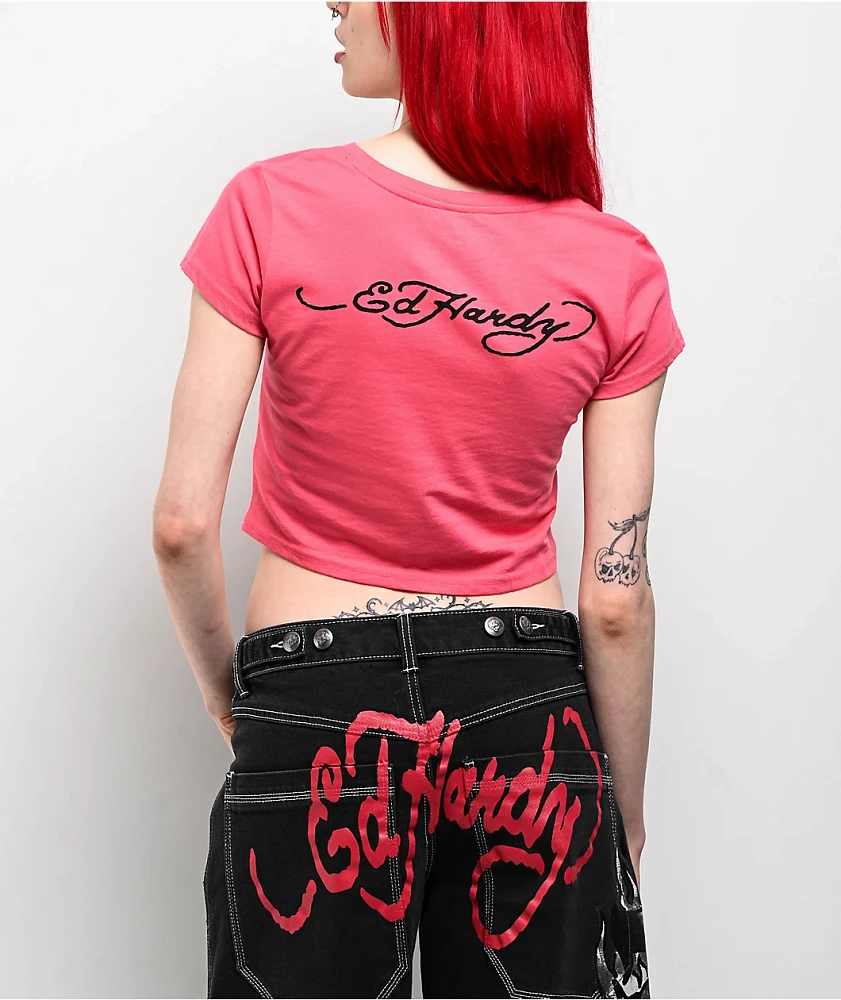 Ed Hardy Cherry Hot Pink Crop T-Shirt