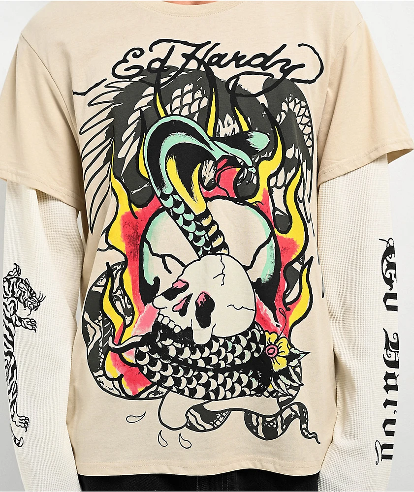 Ed Hardy Cobra Skull Beige & Cream 2fer Long Sleeve T-Shirt