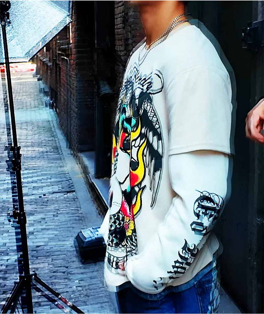 Ed Hardy Cobra Skull Beige & Cream 2fer Long Sleeve T-Shirt