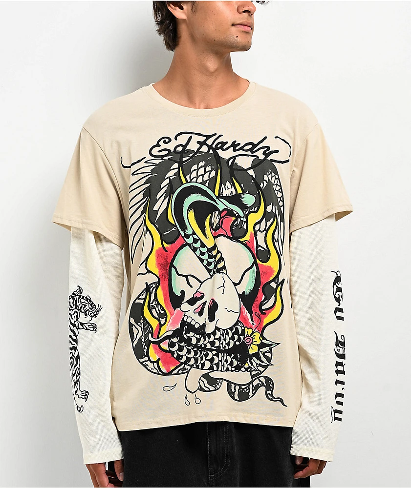 Ed Hardy Cobra Skull Beige & Cream 2fer Long Sleeve T-Shirt