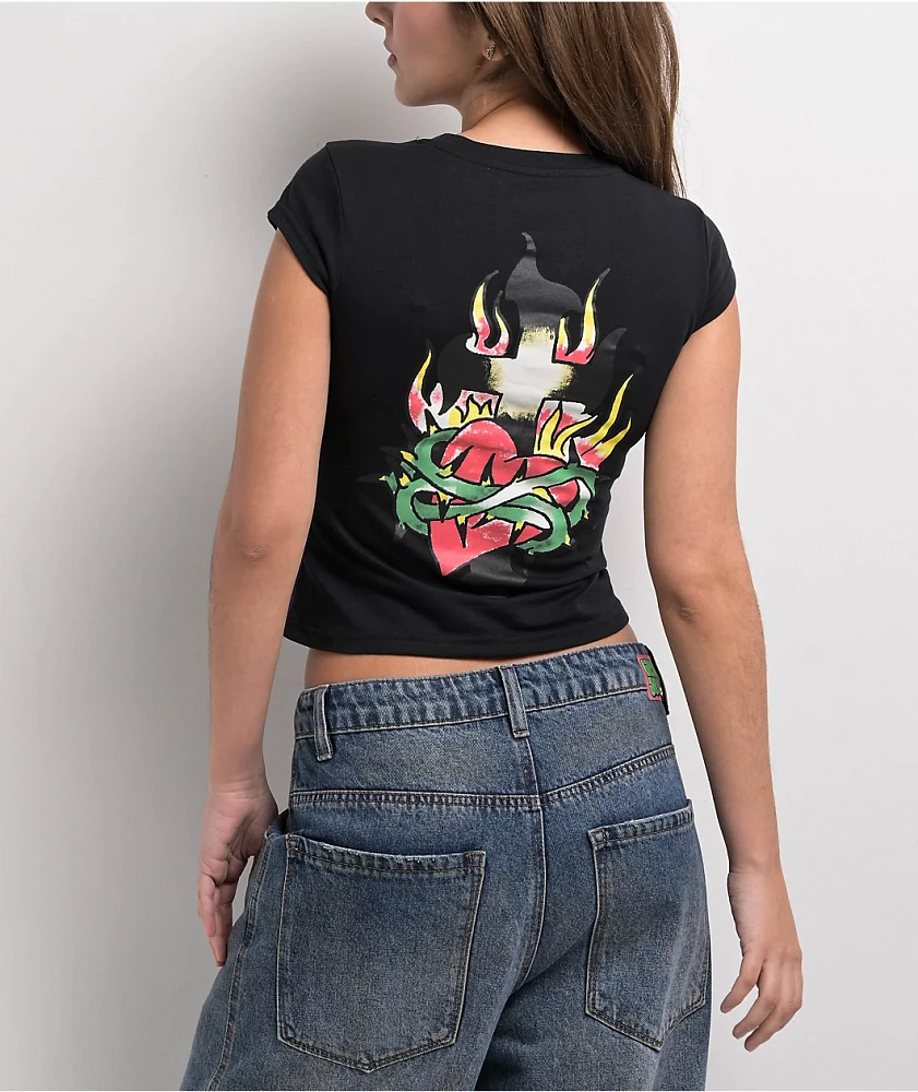 Ed Hardy Cross Heart Cap Sleeve Black T-Shirt