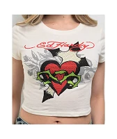 Ed Hardy Cross Heart Ivory Crop T-Shirt