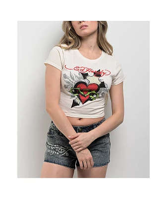 Ed Hardy Cross Heart Ivory Crop T-Shirt