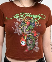 Ed Hardy Crystal Dragon Brown Crop T-Shirt