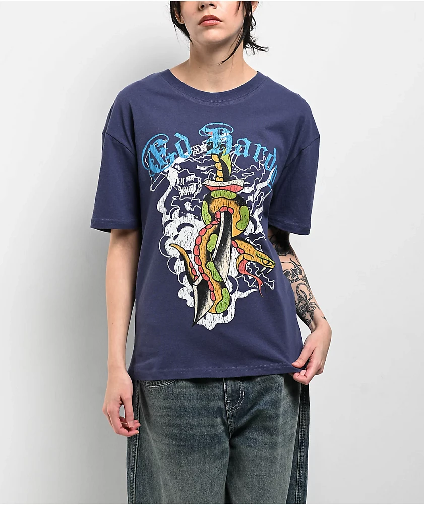 Ed Hardy Dagger Snake Navy Boxy T-Shirt