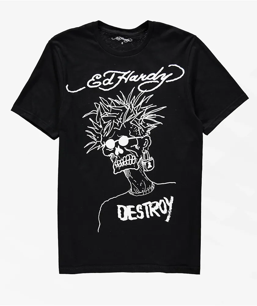 Ed Hardy Destroy Skeleton Black T-Shirt